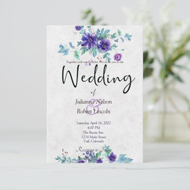 Purple watercolor floral wedding invitation (Standing Front)