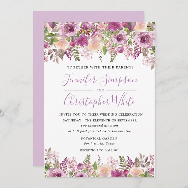 Purple Watercolor Floral Wedding Invitation Cards (Front/Back)