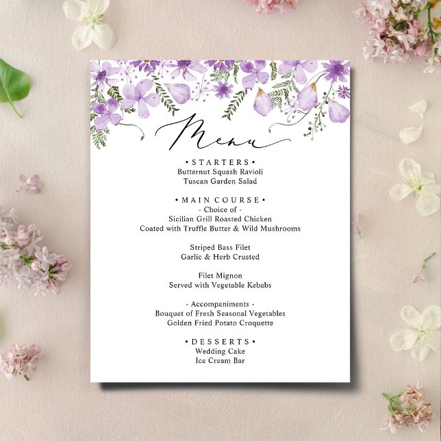 Purple Watercolor Floral Wedding Menu Card  (Creator Uploaded)