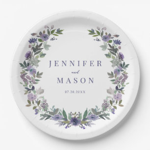 Purple watercolor floral wedding paper plates