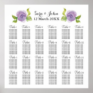 purple watercolor floral wedding seating plan poster