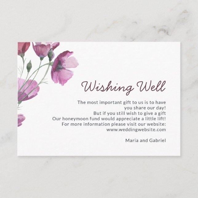 Purple watercolor. Floral Wedding Wishing Well Enclosure Card (Front)