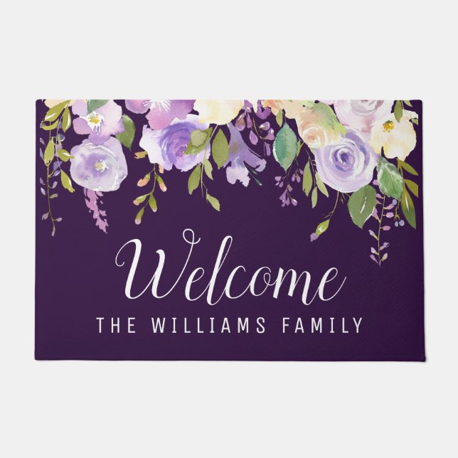 purple watercolor floral welcome script doormat (Front)