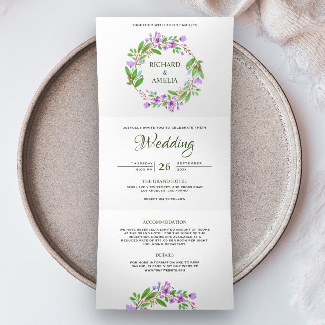 Purple Watercolor Floral Wreath Photo Wedding Tri-Fold Invitation (Creator Uploaded)