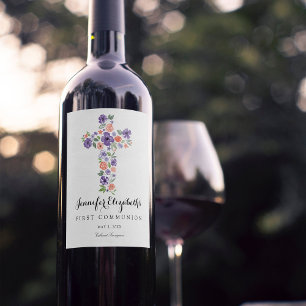 Purple Watercolor Flower Cross First Communion Wine Label