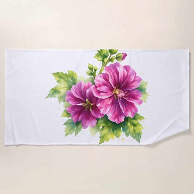 Purple Watercolor Flower Illustration  Beach Towel (Front)
