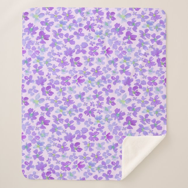 Purple watercolor flower lilac design fleece blank sherpa blanket (Front)