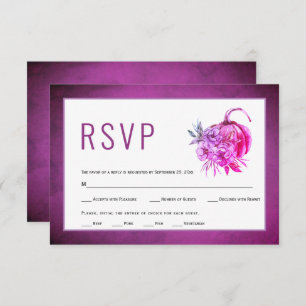 Purple watercolor flowers and pumpkin fall wedding RSVP card
