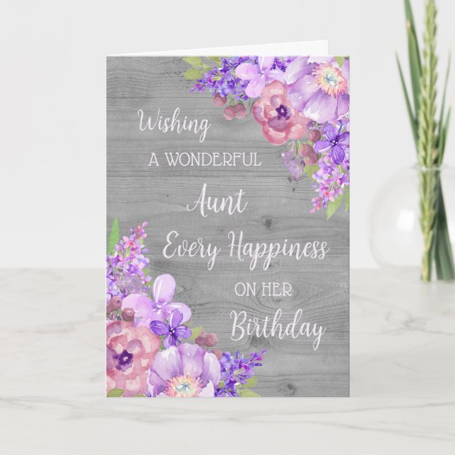 Purple Watercolor Flowers Aunt Birthday Card (Front)