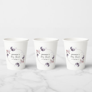 Purple Watercolor Flowers Baby Shower Paper Cups