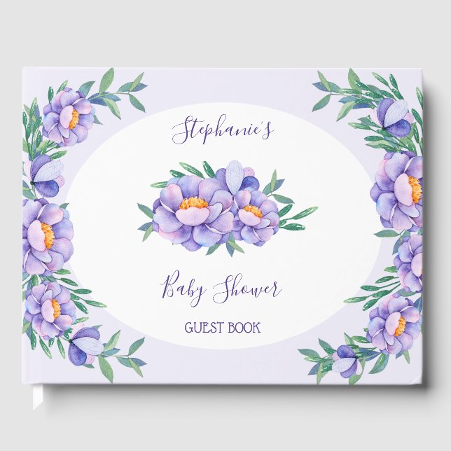 Purple Watercolor Flowers Baby Shower Personalised Guest Book (Front)