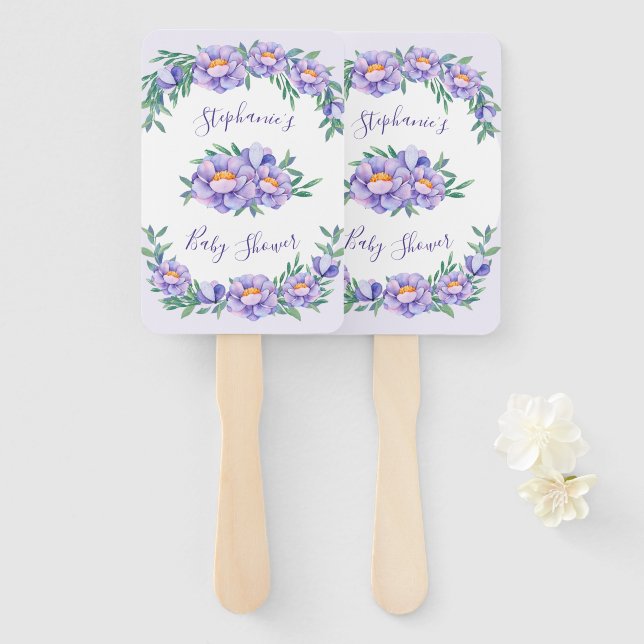 Purple Watercolor Flowers Baby Shower Personalised Hand Fan (Front and Back)