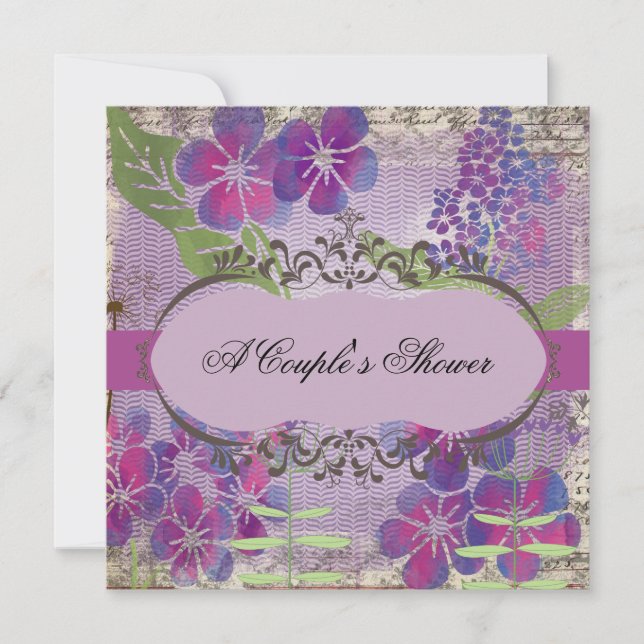 Purple Watercolor Flowers Couple's Shower Invite (Front)