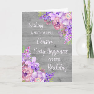 Purple Watercolor Flowers Cousin Birthday Card