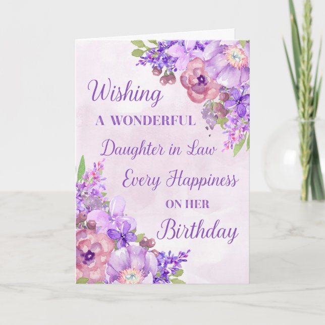 Purple Watercolor Flowers Daughter in Law Birthday Card (Front)