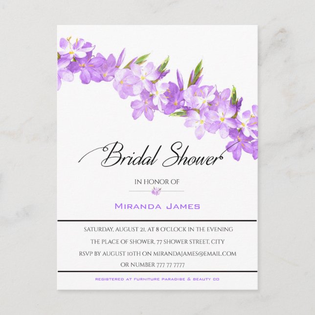 Purple Watercolor Flowers Elegant Bridal Shower Invitation Postcard (Front)