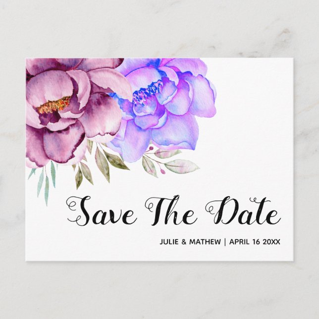 Purple watercolor flowers floral Save the Date Postcard (Front)