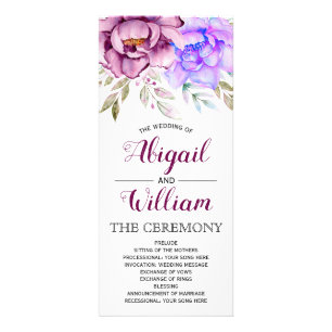 Purple watercolor flowers floral wedding program rack card