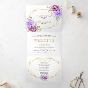 Purple watercolor flowers gold typography wedding Tri-Fold invitation