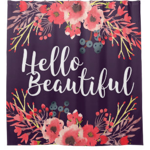 Purple Watercolor Flowers Hello Beautiful Script Shower Curtain