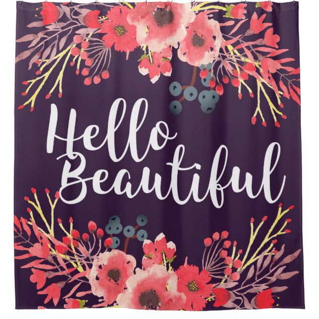 Purple Watercolor Flowers Hello Beautiful Script Shower Curtain (Front)