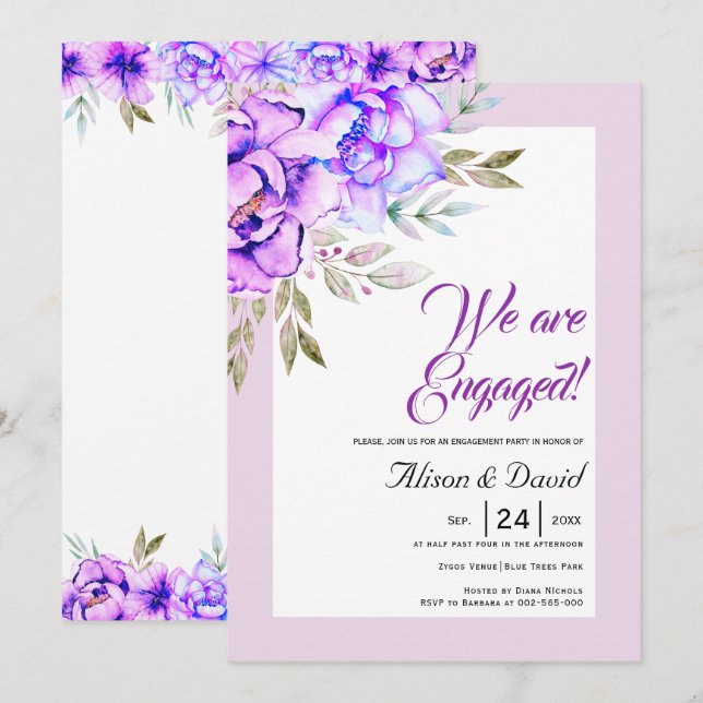 Purple watercolor flowers lilac engagement invitation (Front/Back)