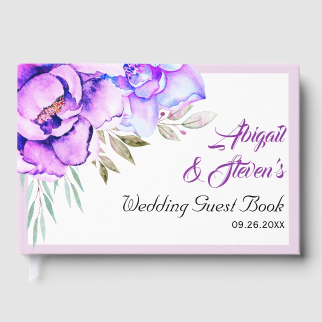 Purple watercolor flowers lilac floral wedding guest book (Front)