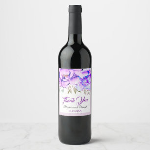 Purple watercolor flowers lilac floral wedding wine label