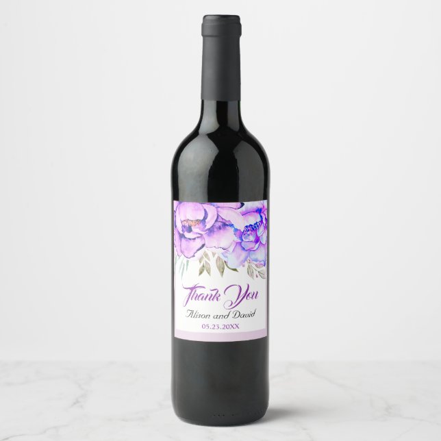 Purple watercolor flowers lilac floral wedding wine label (Front)