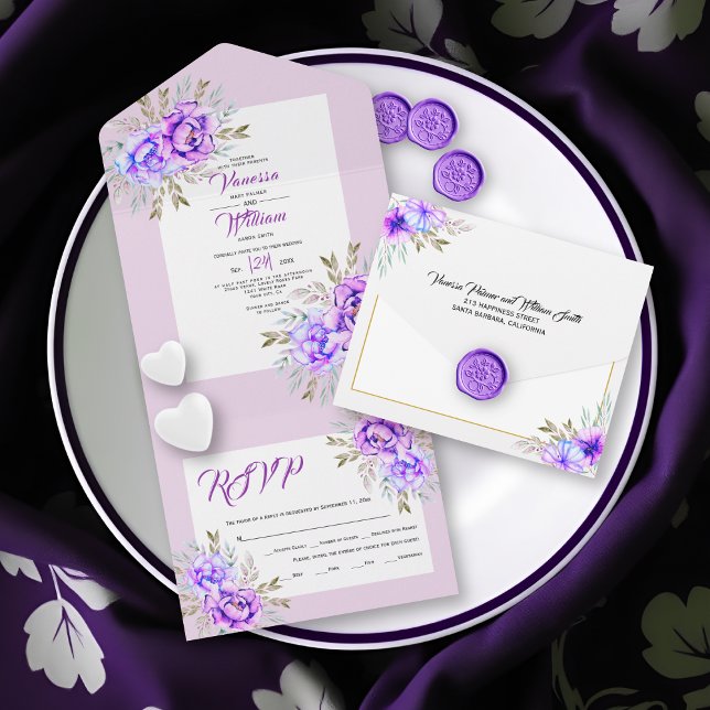 Purple watercolor flowers lilac wedding all in one invitation (Creator Uploaded)