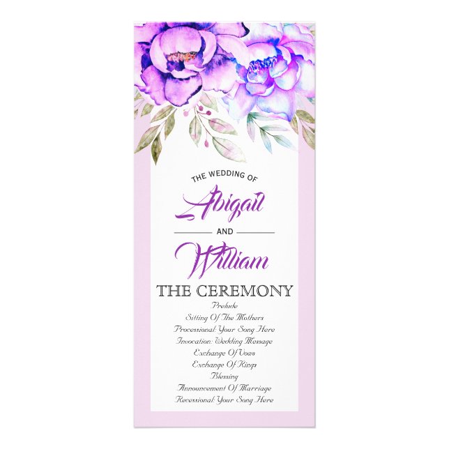 Purple watercolor flowers lilac wedding program rack card (Front)