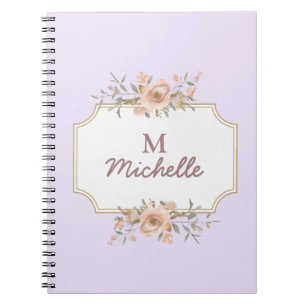 Purple Watercolor flowers Monogram Script Name Notebook