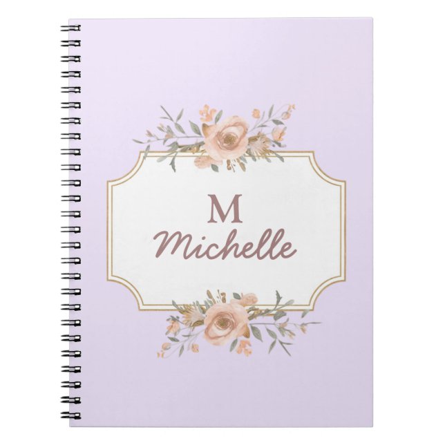 Purple Watercolor flowers Monogram Script Name     Notebook (Front)