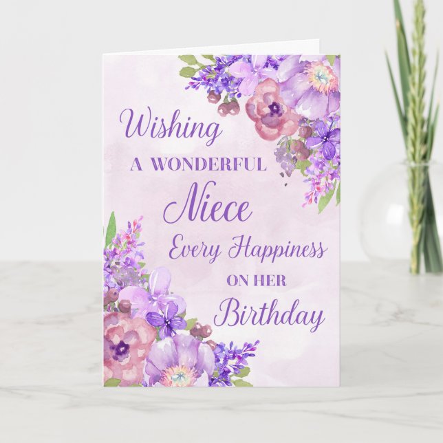 Purple Watercolor Flowers Niece Birthday Card (Front)