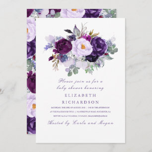 Purple Watercolor Flowers Romantic Baby Shower Invitation