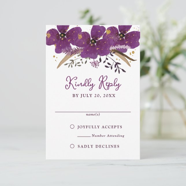 Purple Watercolor Flowers RSVP Reply Invitation (Standing Front)