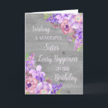 Purple Watercolor Flowers Sister Birthday Card<br><div class="desc">Birthday card for sister with purple watercolor flowers,  rustic grey wood pattern and thoughtful verse.</div>