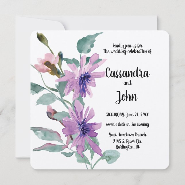 Purple Watercolor Flowers Wedding Invitation (Front)