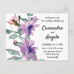 Purple Watercolor Flowers Wedding Postcard