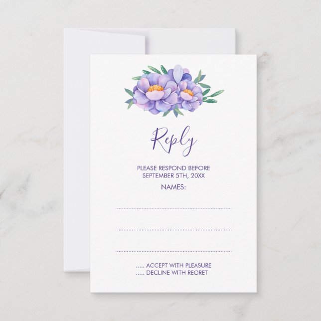 Purple Watercolor Flowers Wedding Reply Cards (Front)