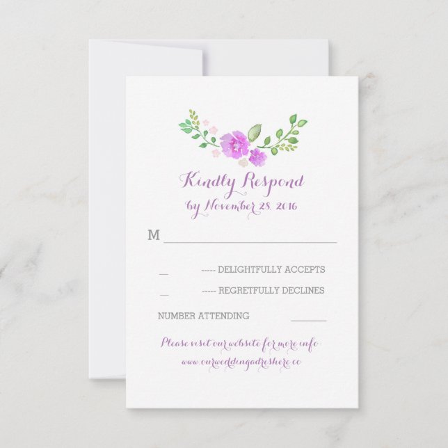 purple watercolor flowers wedding RSVP cards (Front)