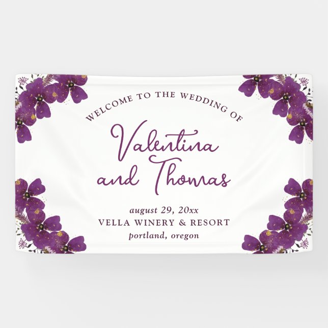 Purple Watercolor Flowers Welcome Wedding Banner (Horizontal)