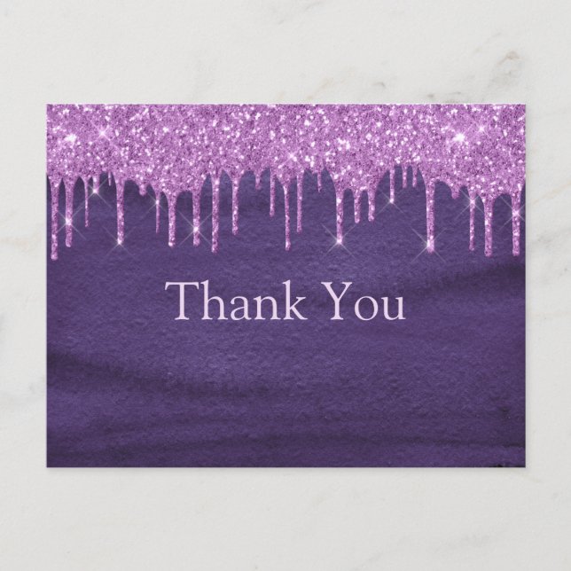 Purple Watercolor Glitter Typography Thank You Postcard (Front)