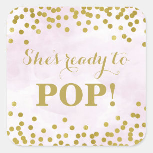 Purple Watercolor Gold Confetti She's Ready to Pop Square Sticker