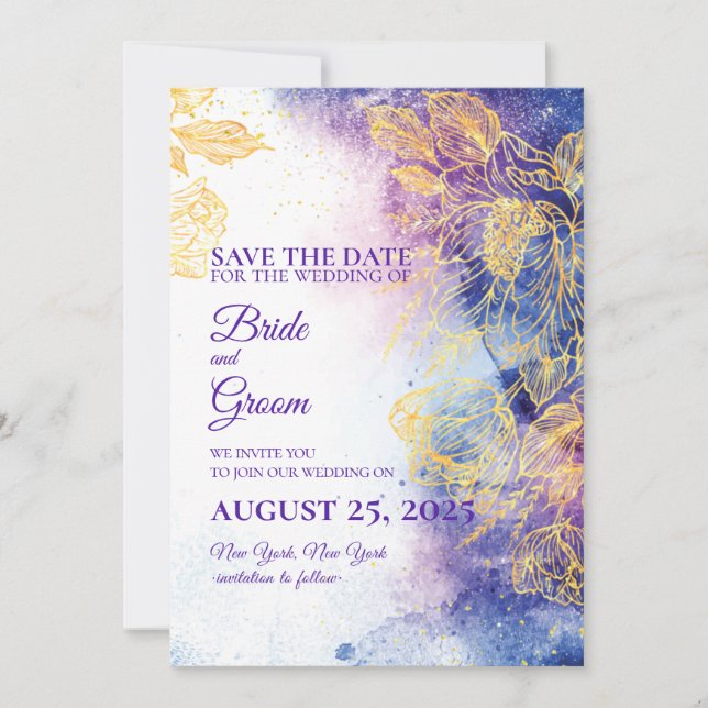 Purple Watercolor & Gold Flower Save the Date Card (Front)