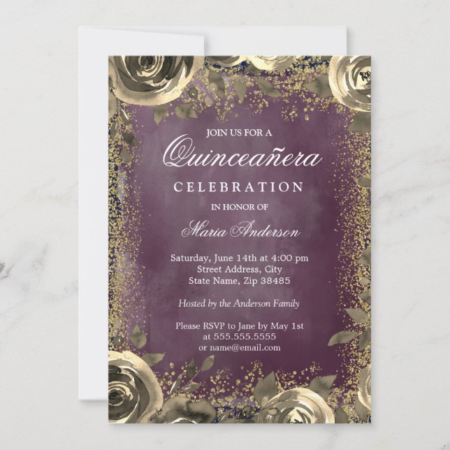 Purple Watercolor Gold Glitter Floral Quinceanera Invitation (Front)