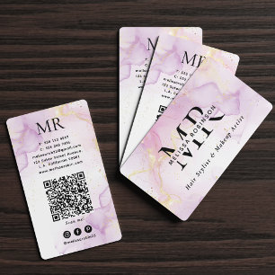 Purple Watercolor & Gold Glitter Monogram QR Code Business Card