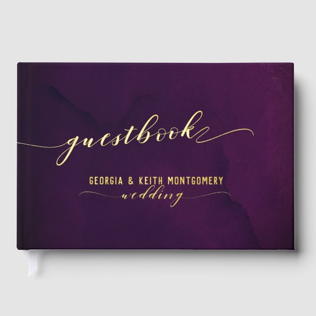 Purple Watercolor Gold Script Elegant Wedding  Guest Book (Front)