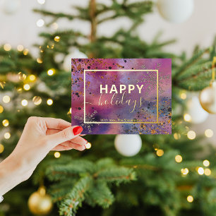 Purple Watercolor Gold Snowflake Holiday Postcard