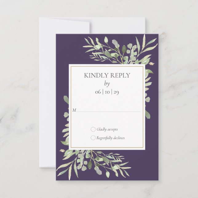 Purple Watercolor Greenery Wedding RSVP Card (Front)